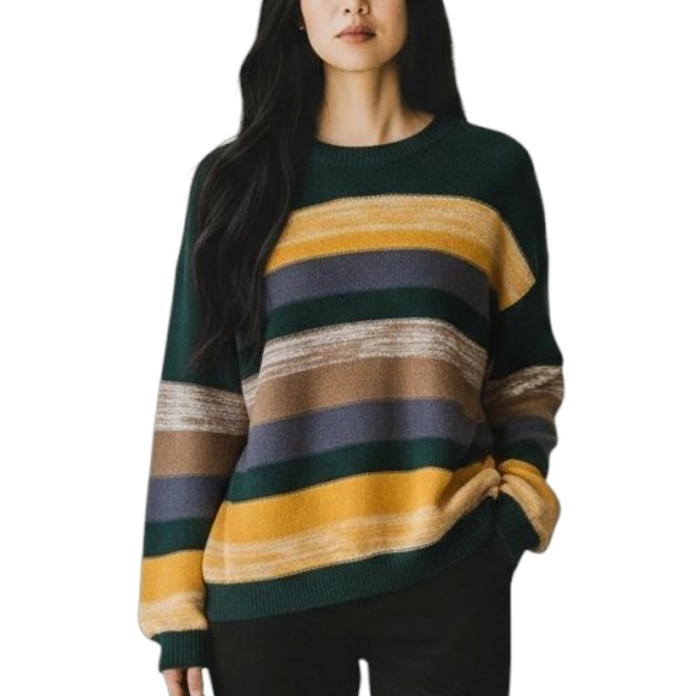 Hem & Thread Womens Striped Crew Neck Pullover Sweater Size L Green Yellow B Bin
